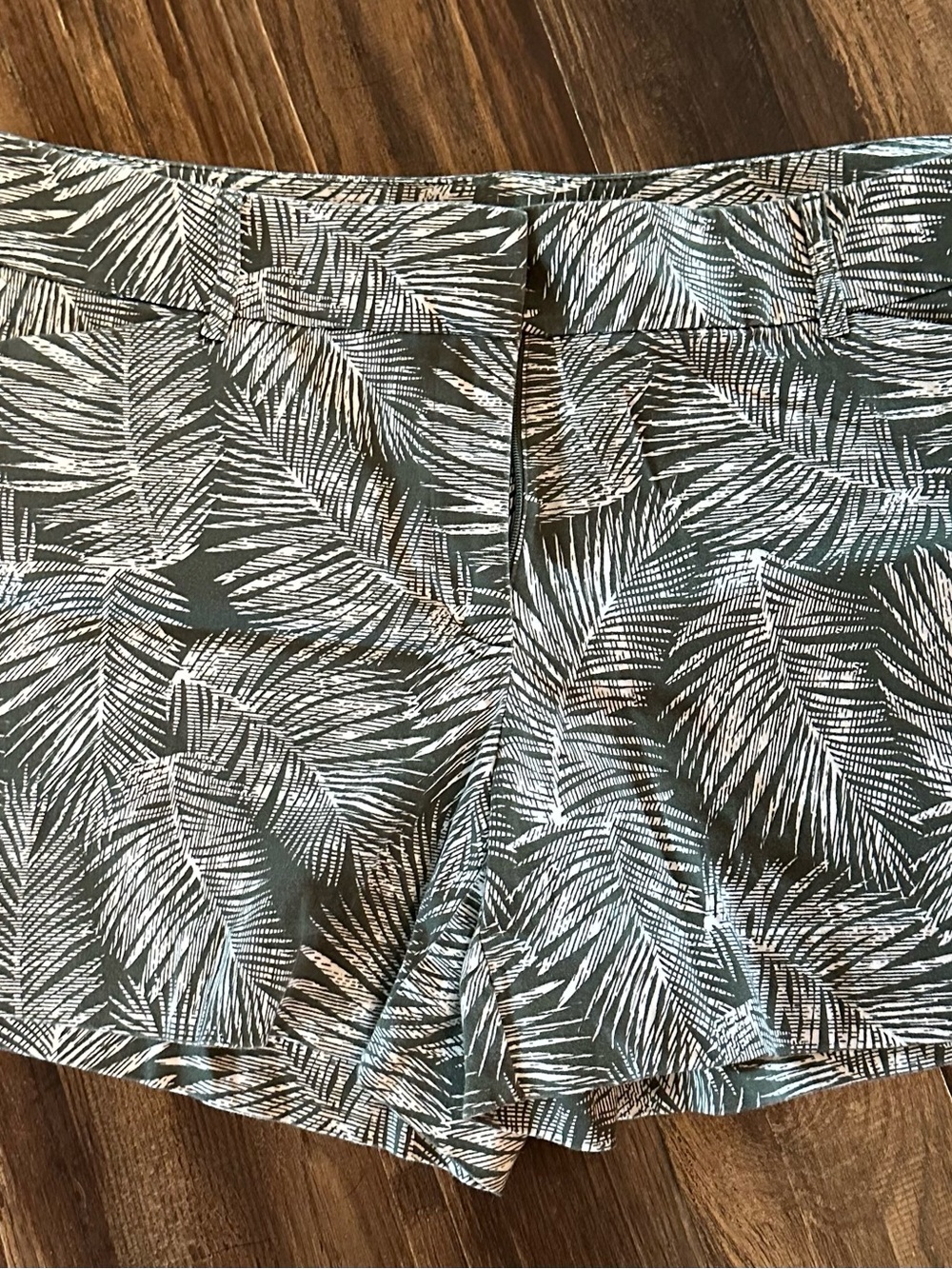 White House Black Market Olive & White Palm-Print Shorts